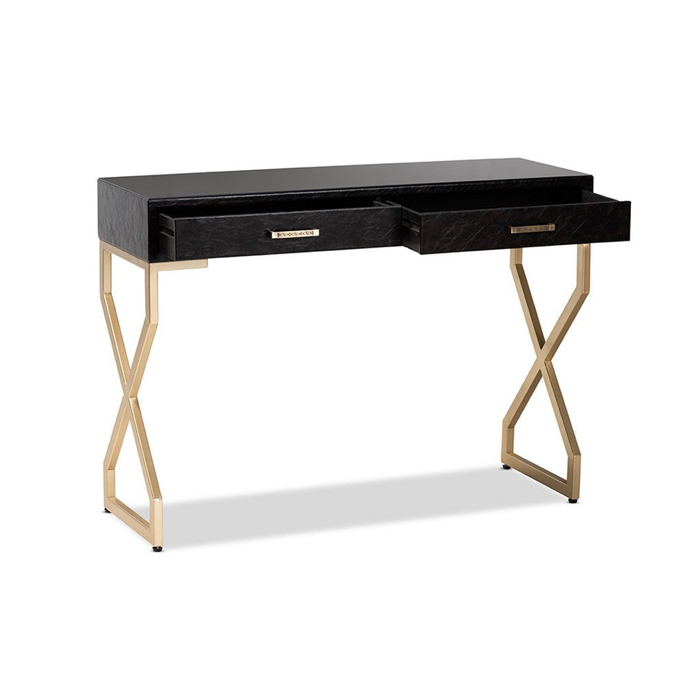 Baxton Studio Carville Modern and Contemporary Dark Brown Faux Leather Upholstered Gold Finished 2-Drawer Console Table