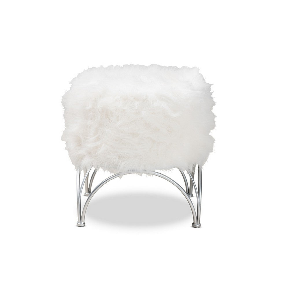 Baxton Studio Celia Modern and Contemporary White Faux Fur Upholstered Silver Metal Ottoman WHI-FJ5A-013-White-Silver-Otto