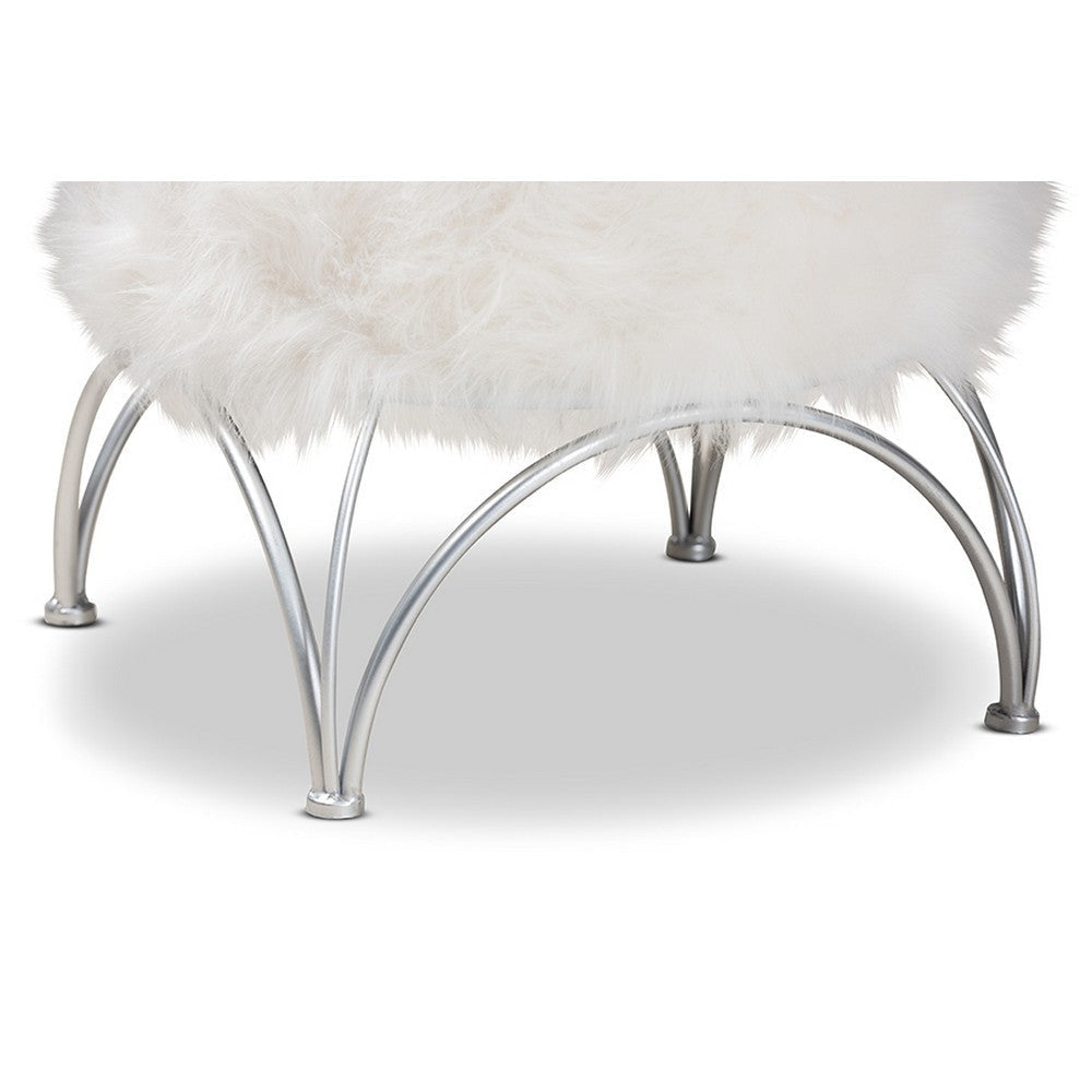 Baxton Studio Celia Modern and Contemporary White Faux Fur Upholstered Silver Metal Ottoman WHI-FJ5A-013-White-Silver-Otto