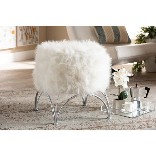 Baxton Studio Celia Modern and Contemporary White Faux Fur Upholstered Silver Metal Ottoman