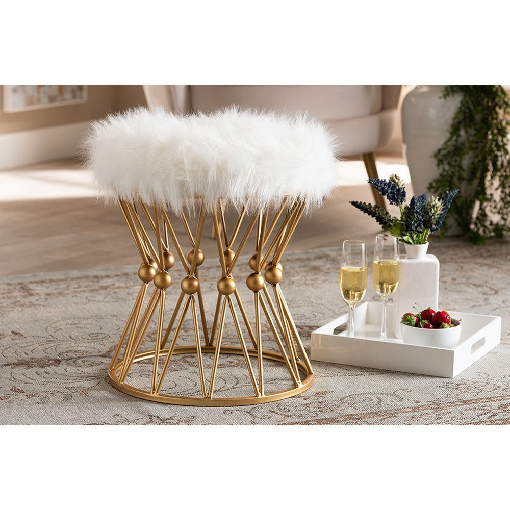 Baxton Studio Leonie Glam and Luxe White Faux Fur Upholstered Gold Finished Metal Ottoman