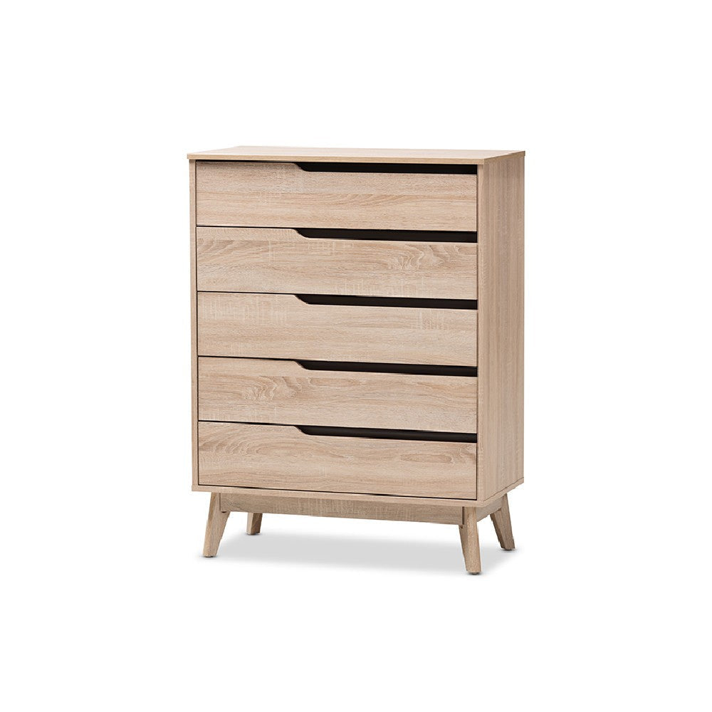 Baxton Studio Fella Mid-Century Modern Two-Tone Oak and Grey Wood 5-Drawer Chest WHI-FLCOD00806-Hana-Oak-Dark-Grey-5DW-Chest