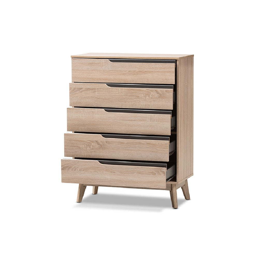 Baxton Studio Fella Mid-Century Modern Two-Tone Oak and Grey Wood 5-Drawer Chest WHI-FLCOD00806-Hana-Oak-Dark-Grey-5DW-Chest