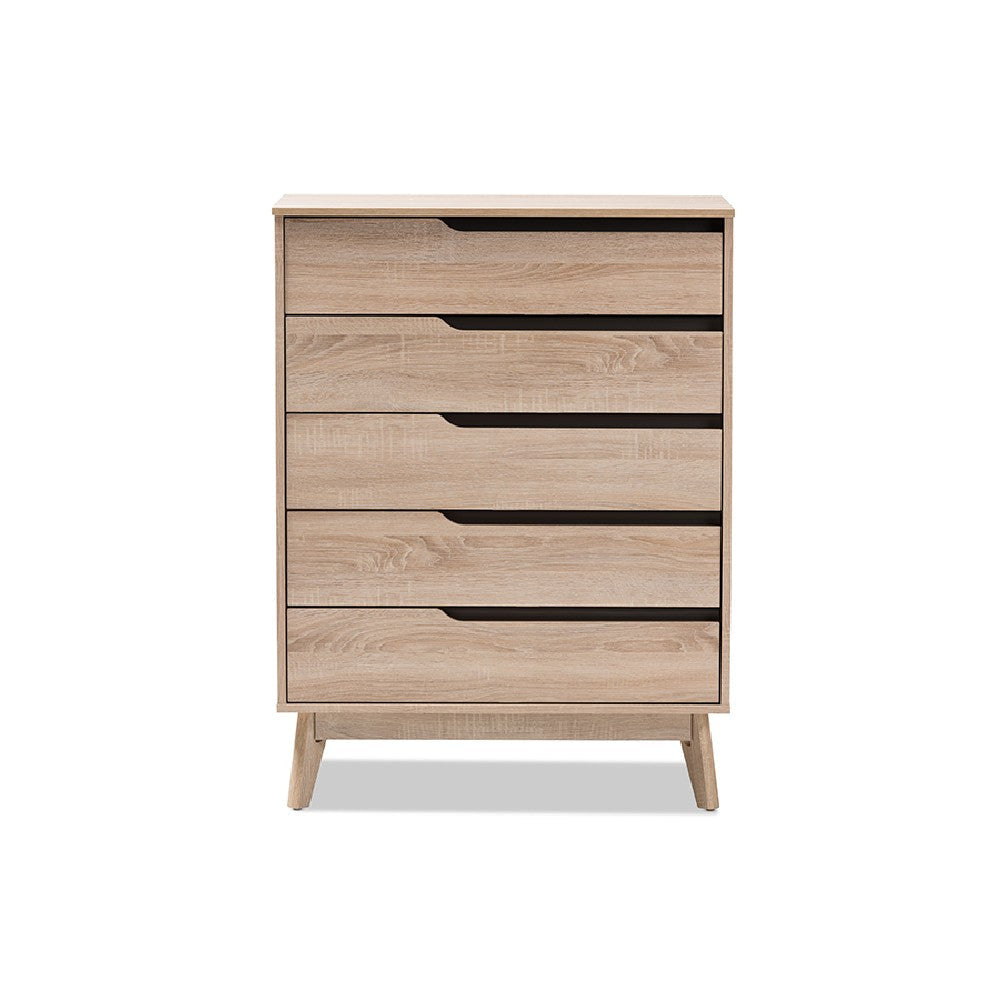 Baxton Studio Fella Mid-Century Modern Two-Tone Oak and Grey Wood 5-Drawer Chest WHI-FLCOD00806-Hana-Oak-Dark-Grey-5DW-Chest