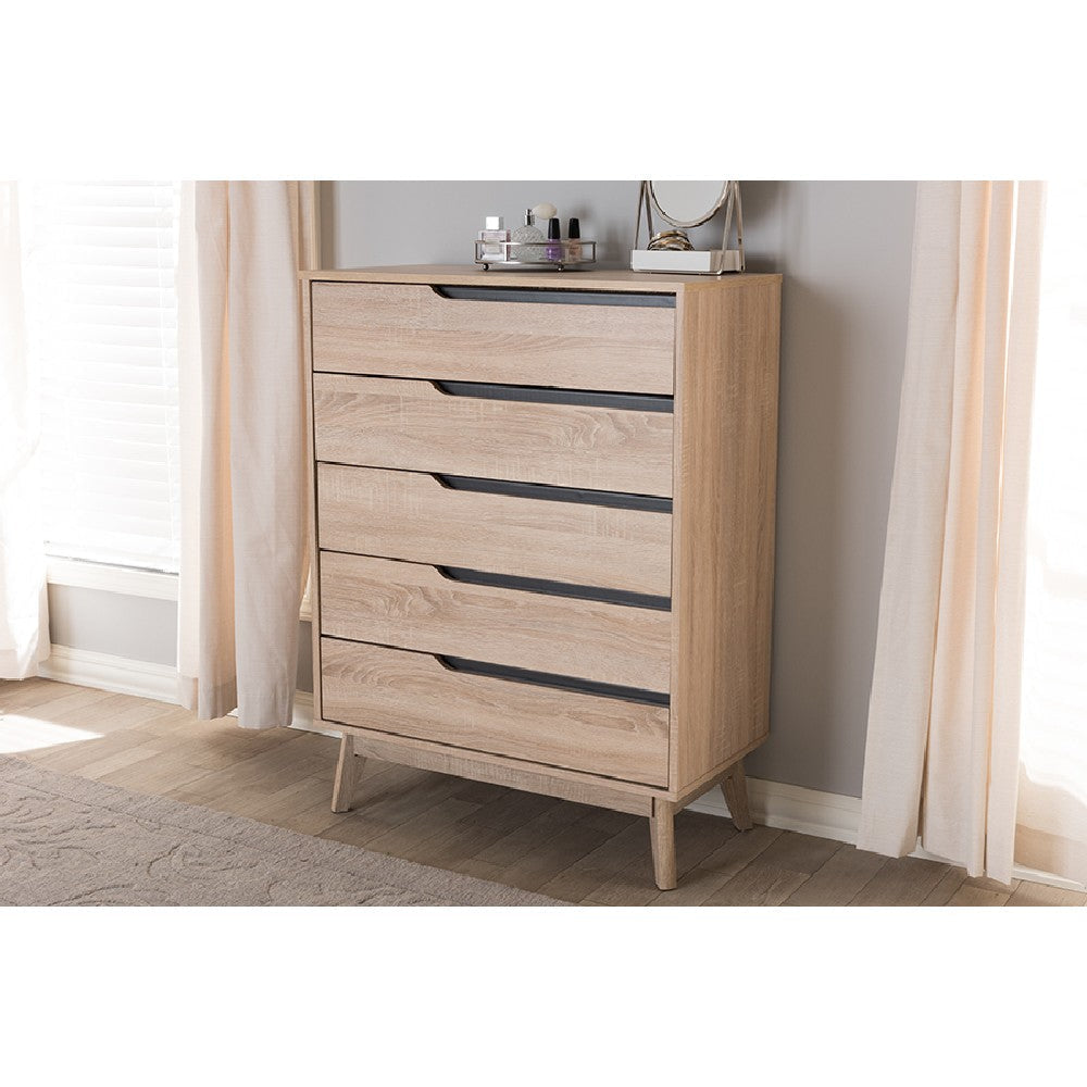 Baxton Studio Fella Mid-Century Modern Two-Tone Oak and Grey Wood 5-Drawer Chest WHI-FLCOD00806-Hana-Oak-Dark-Grey-5DW-Chest