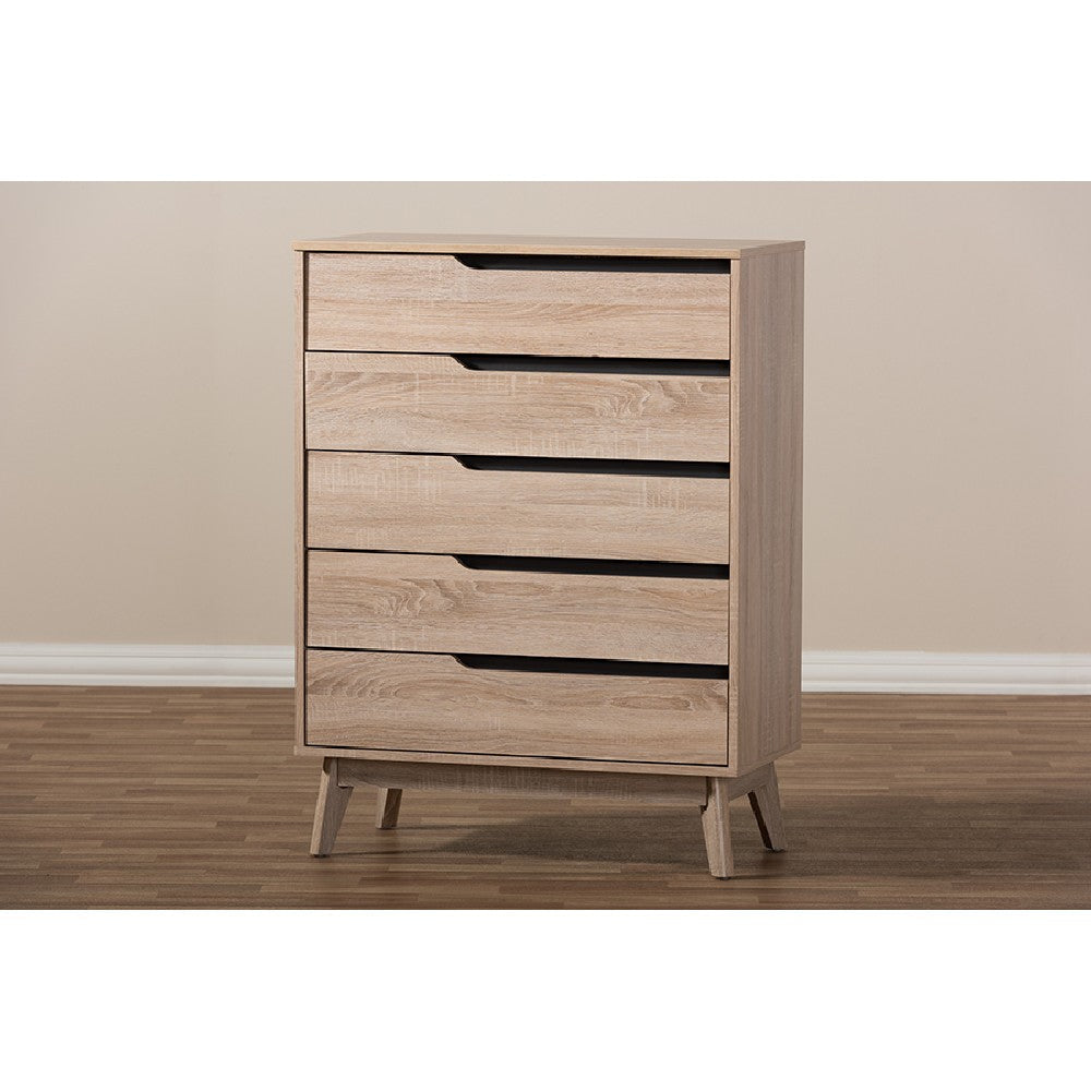 Baxton Studio Fella Mid-Century Modern Two-Tone Oak and Grey Wood 5-Drawer Chest WHI-FLCOD00806-Hana-Oak-Dark-Grey-5DW-Chest