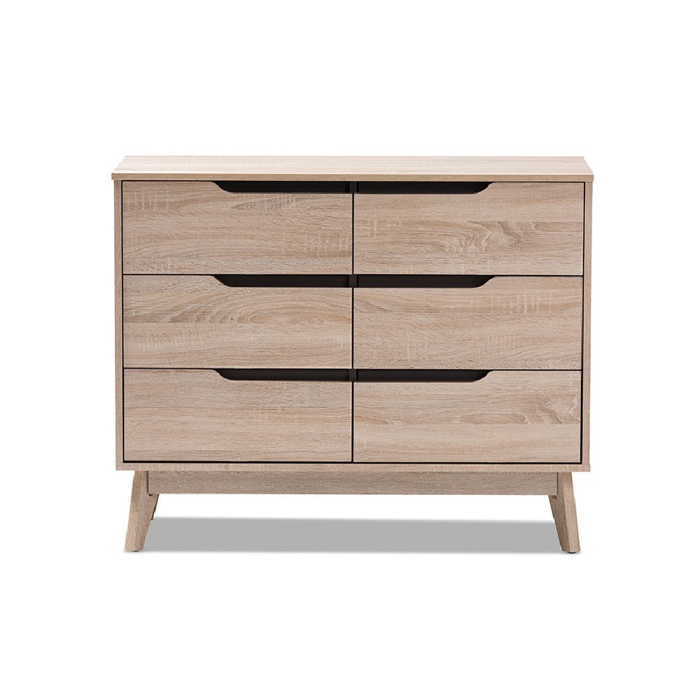 Baxton Studio Fella Mid-Century Modern Two-Tone Oak and Grey Wood 6-Drawer Dresser WHI-FLDT00805-Hana-Oak-Dark-Grey-Dresser