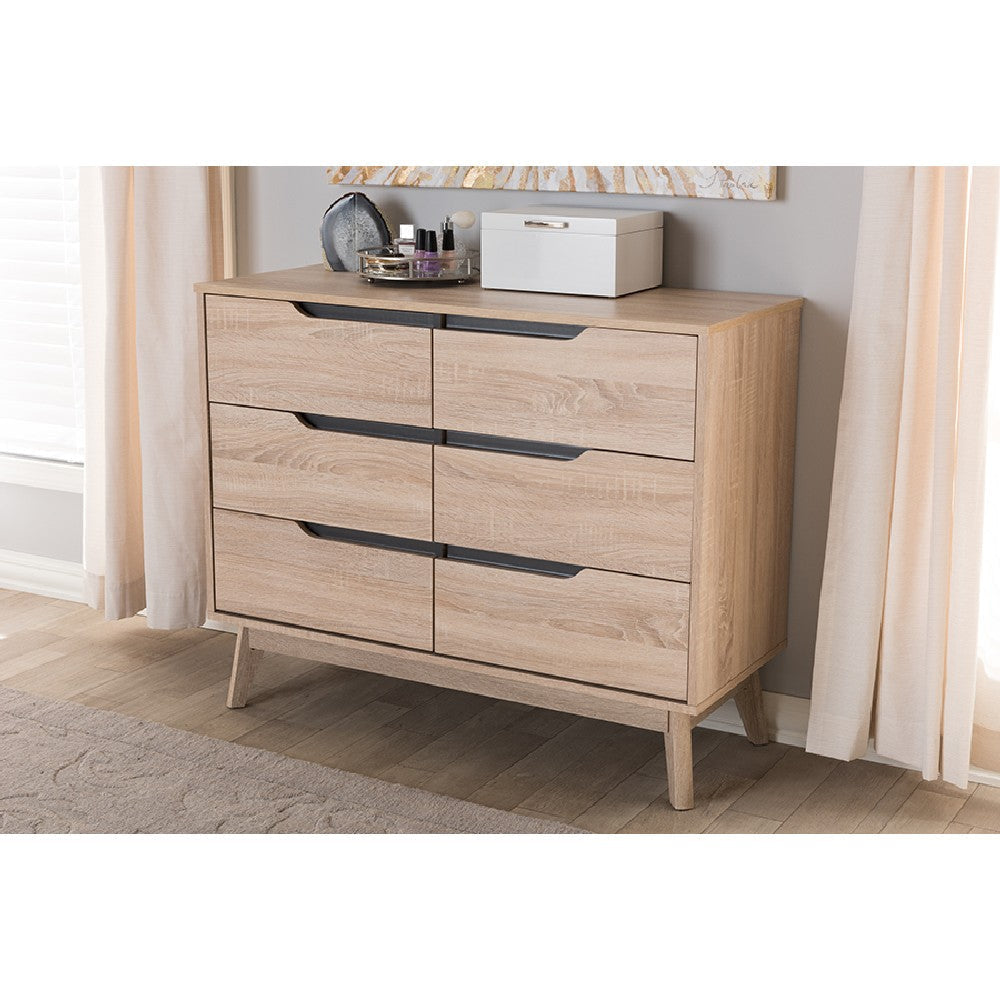 Baxton Studio Fella Mid-Century Modern Two-Tone Oak and Grey Wood 6-Drawer Dresser WHI-FLDT00805-Hana-Oak-Dark-Grey-Dresser