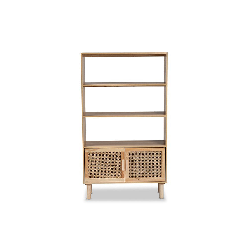 Baxton Studio Faulkner Mid-Century Modern Natural Brown Finished Wood and Rattan 2-Door Bookcase WHI-FM203-034-Natural-Wooden-Bookcase