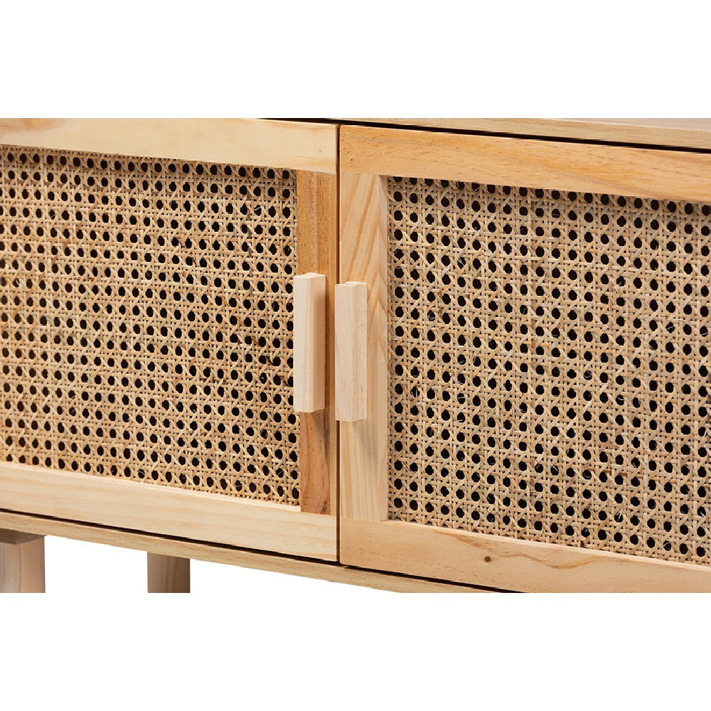 Baxton Studio Faulkner Mid-Century Modern Natural Brown Finished Wood and Rattan 2-Door Bookcase WHI-FM203-034-Natural-Wooden-Bookcase