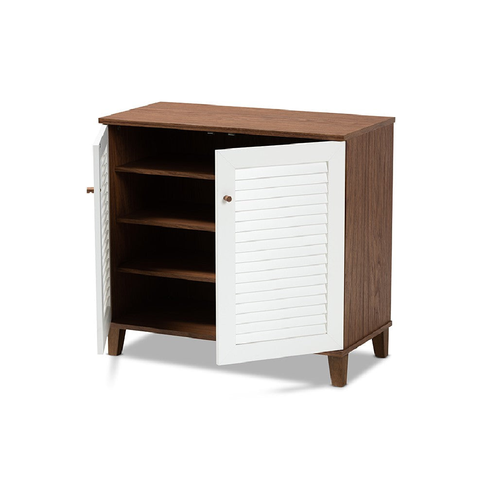 Baxton Studio Coolidge Modern and Contemporary White and Walnut Finished 4-Shelf Wood Shoe Storage Cabinet WHI-FP-01LV-Walnut-White