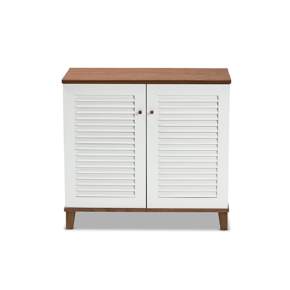 Baxton Studio Coolidge Modern and Contemporary White and Walnut Finished 4-Shelf Wood Shoe Storage Cabinet WHI-FP-01LV-Walnut-White