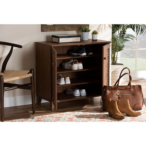 Baxton Studio Coolidge Modern and Contemporary Walnut Finished 4-Shelf Wood Shoe Storage Cabinet