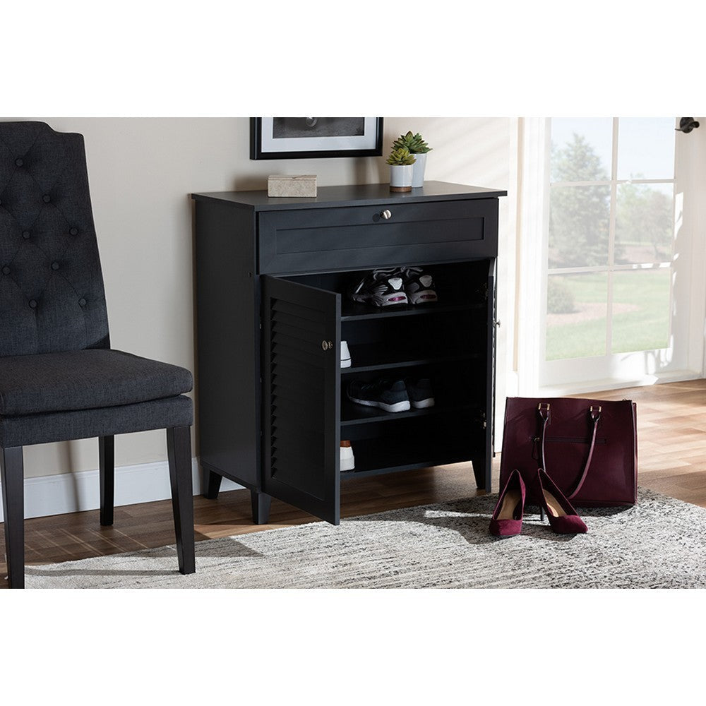 Baxton Studio Coolidge Modern and Contemporary Dark Grey Finished 4-Shelf Wood Shoe Storage Cabinet with Drawer