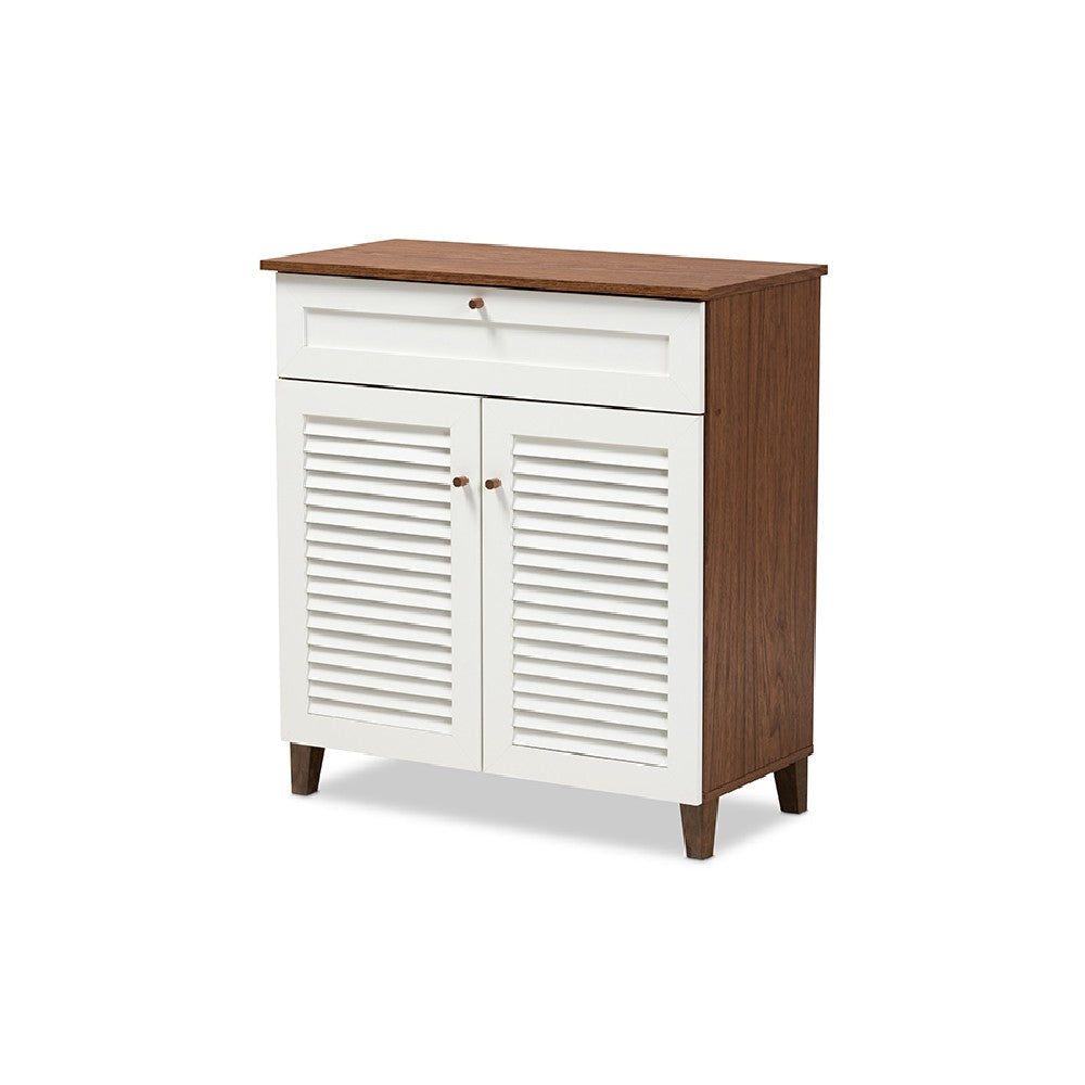 Baxton Studio Coolidge Modern and Contemporary White and Walnut Finished 4-Shelf Wood Shoe Storage Cabinet with Drawer