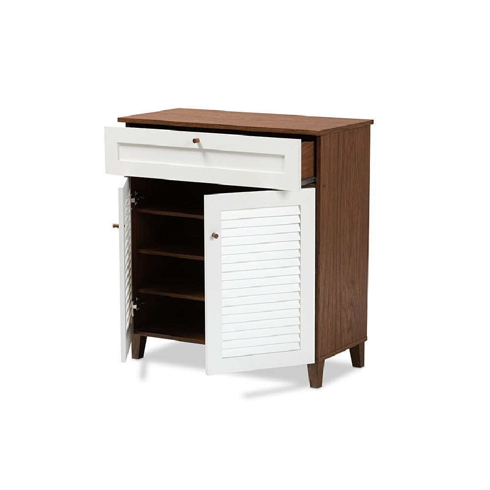 Baxton Studio Coolidge Modern and Contemporary White and Walnut Finished 4-Shelf Wood Shoe Storage Cabinet with Drawer