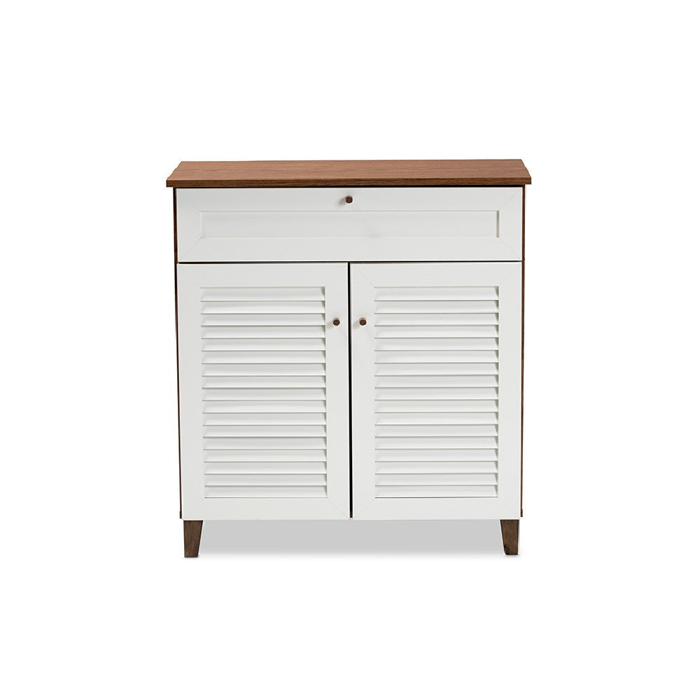 Baxton Studio Coolidge Modern and Contemporary White and Walnut Finished 4-Shelf Wood Shoe Storage Cabinet with Drawer