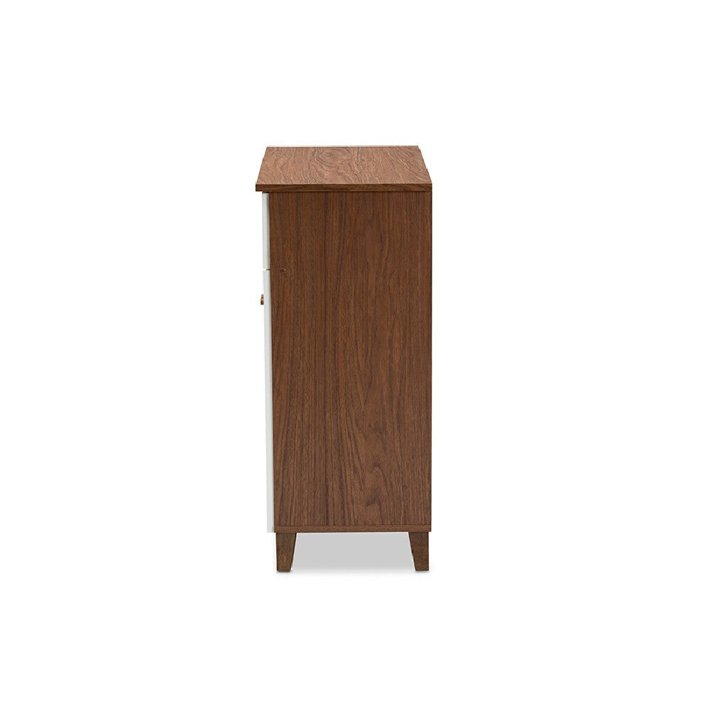 Baxton Studio Coolidge Modern and Contemporary White and Walnut Finished 4-Shelf Wood Shoe Storage Cabinet with Drawer