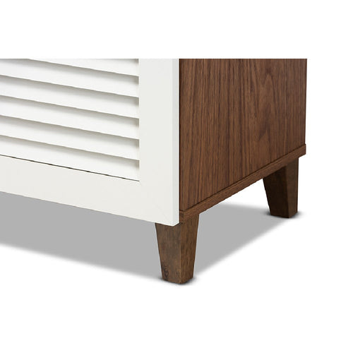 Baxton Studio Coolidge Modern and Contemporary White and Walnut Finished 4-Shelf Wood Shoe Storage Cabinet with Drawer