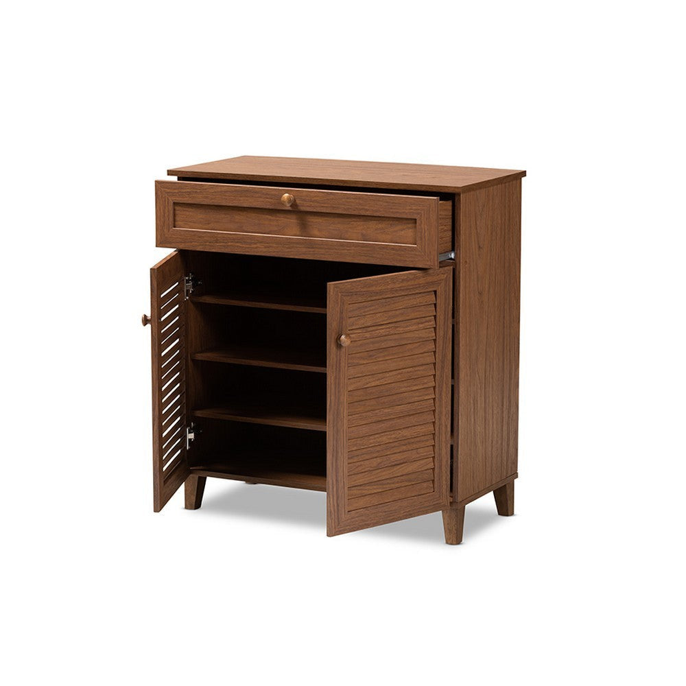 Baxton Studio Coolidge Modern and Contemporary Walnut Finished 4-Shelf Wood Shoe Storage Cabinet with Drawer WHI-FP-02LV-Walnut