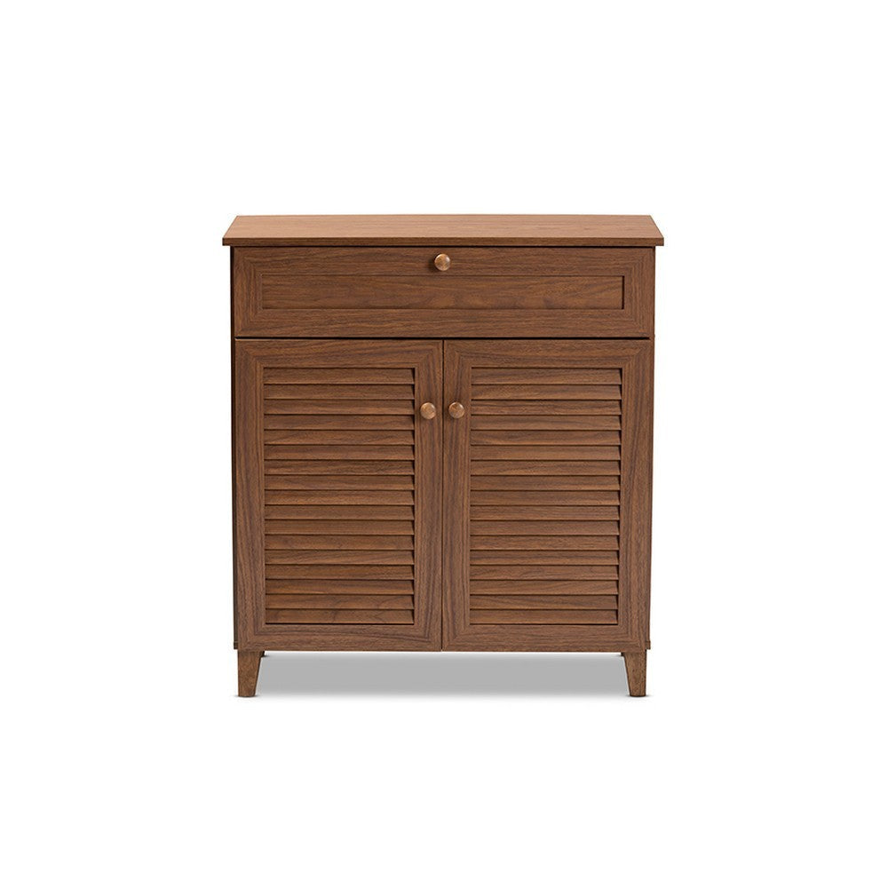 Baxton Studio Coolidge Modern and Contemporary Walnut Finished 4-Shelf Wood Shoe Storage Cabinet with Drawer WHI-FP-02LV-Walnut