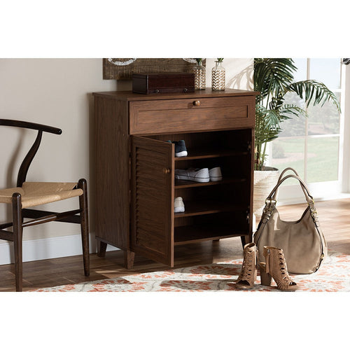 Baxton Studio Coolidge Modern and Contemporary Walnut Finished 4-Shelf Wood Shoe Storage Cabinet with Drawer