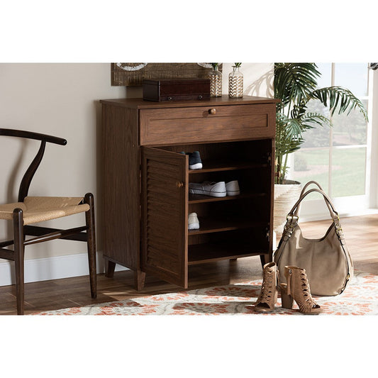 Baxton Studio Coolidge Modern and Contemporary Walnut Finished 4-Shelf Wood Shoe Storage Cabinet with Drawer