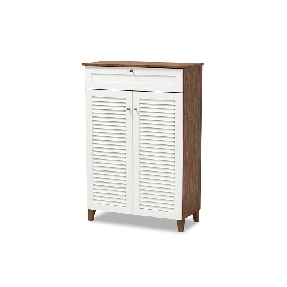Baxton Studio Coolidge Modern and Contemporary White and Walnut Finished 5-Shelf Wood Shoe Storage Cabinet with Drawer