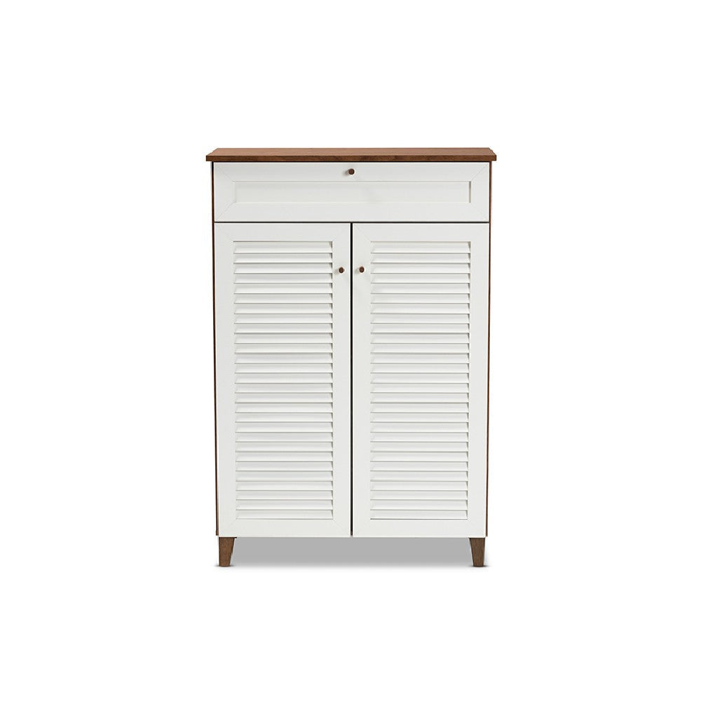 Baxton Studio Coolidge Modern and Contemporary White and Walnut Finished 5-Shelf Wood Shoe Storage Cabinet with Drawer