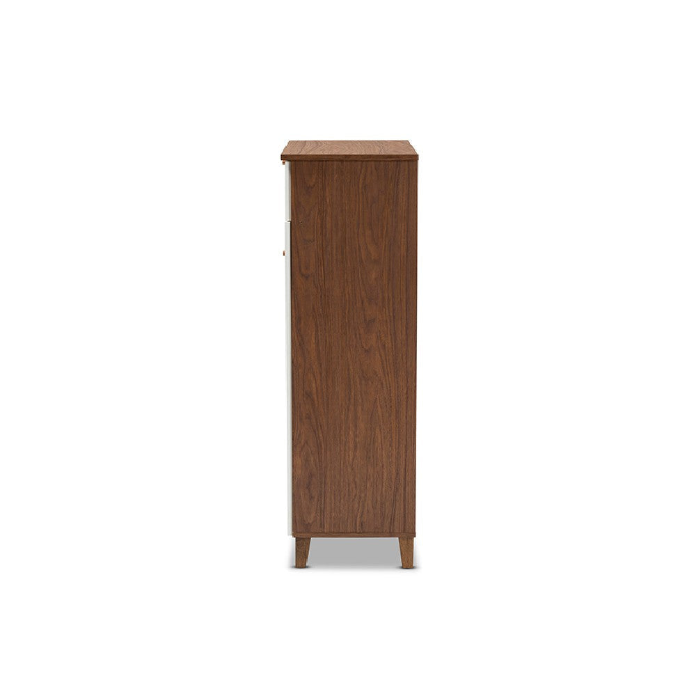 Baxton Studio Coolidge Modern and Contemporary White and Walnut Finished 5-Shelf Wood Shoe Storage Cabinet with Drawer
