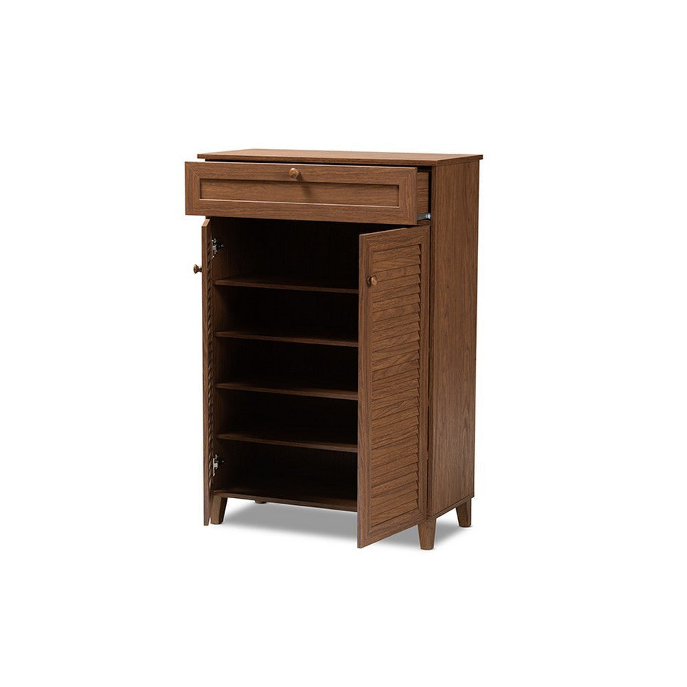 Baxton Studio Coolidge Modern and Contemporary Walnut Finished 5-Shelf Wood Shoe Storage Cabinet with Drawer WHI-FP-03LV-Walnut