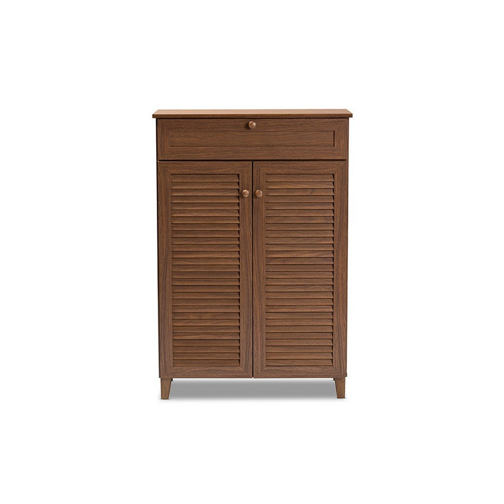 Baxton Studio Coolidge Modern and Contemporary Walnut Finished 5-Shelf Wood Shoe Storage Cabinet with Drawer WHI-FP-03LV-Walnut