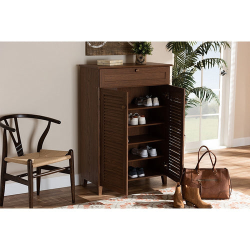 Baxton Studio Coolidge Modern and Contemporary Walnut Finished 5-Shelf Wood Shoe Storage Cabinet with Drawer