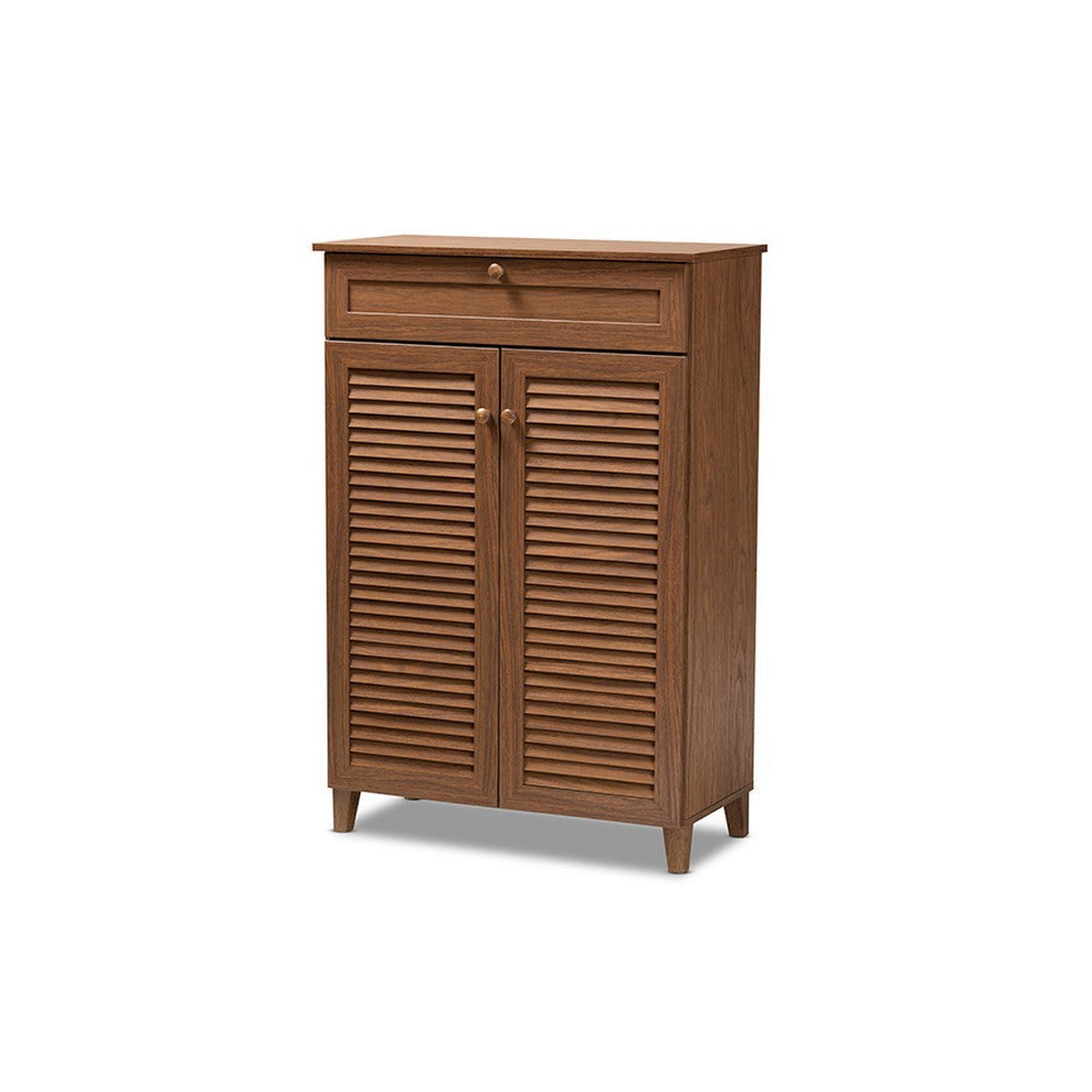 Baxton Studio Coolidge Modern and Contemporary Walnut Finished 5-Shelf Wood Shoe Storage Cabinet with Drawer WHI-FP-03LV-Walnut