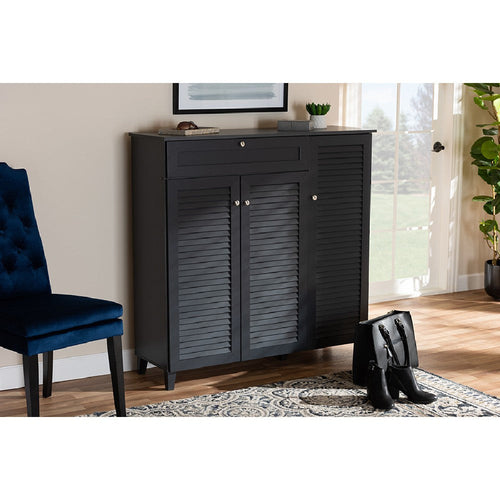 Baxton Studio Coolidge Modern and Contemporary Dark Grey Finished 11-Shelf Wood Shoe Storage Cabinet with Drawer