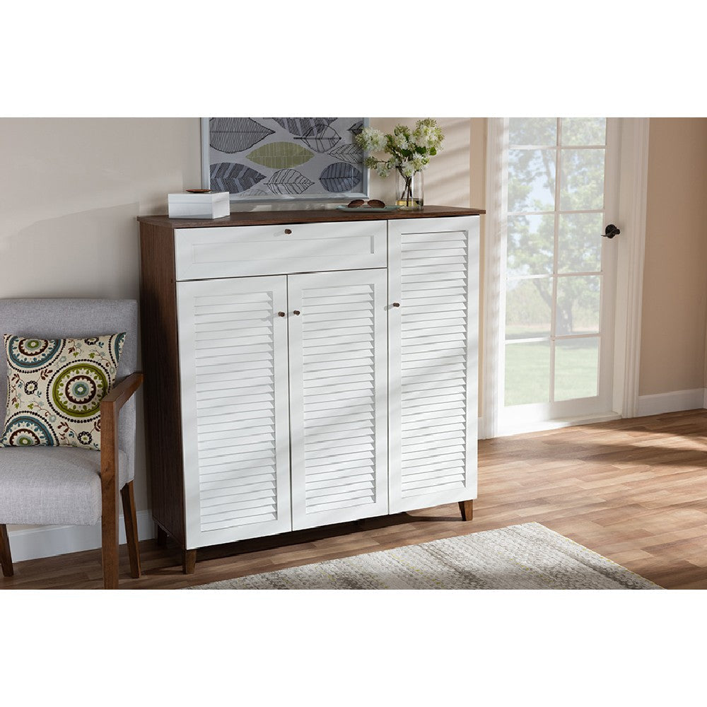 Baxton Studio Coolidge Modern and Contemporary Walnut Finished 11-Shelf Wood Shoe Storage Cabinet with Drawer WHI-FP-05LV-Walnut