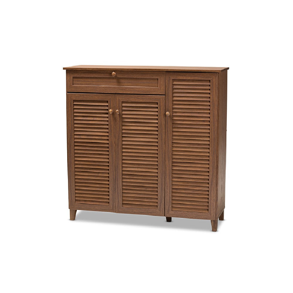 Baxton Studio Coolidge Modern and Contemporary Walnut Finished 11-Shelf Wood Shoe Storage Cabinet with Drawer WHI-FP-05LV-Walnut