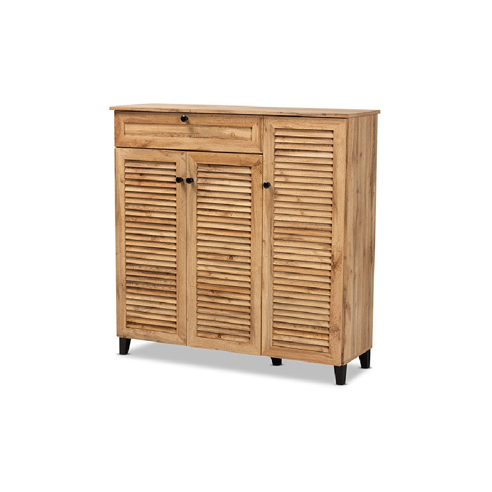 Baxton Studio Coolidge Modern and Contemporary Oak Brown Finished Wood 3-Door Shoe Storage Cabinet with Drawer WHI-FP-05LV-Wotan-Oak