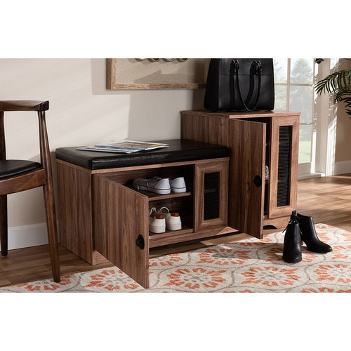 Baxton Studio Valina Modern and Contemporary Dark Brown Faux Leather Upholstered 2-Door Wood Shoe Storage Bench with Cabinet