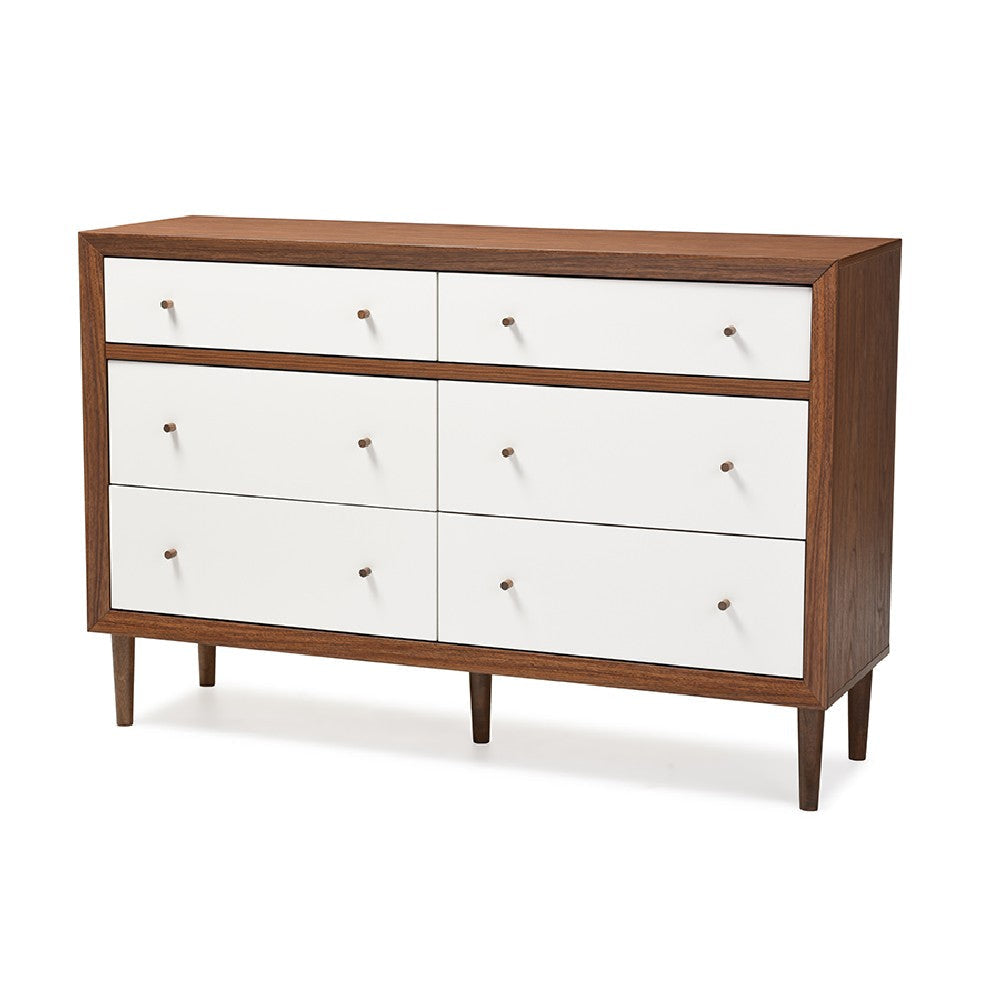 Baxton Studio Harlow Mid-century Modern Scandinavian Style White and Walnut Wood 6-drawer Storage Dresser WHI-FP-6781-Walnut-White