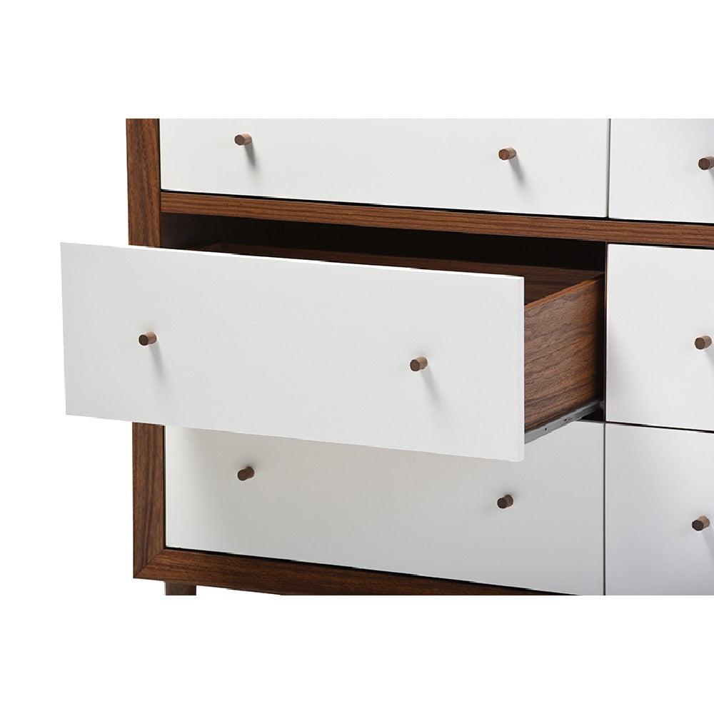Baxton Studio Harlow Mid-century Modern Scandinavian Style White and Walnut Wood 6-drawer Storage Dresser WHI-FP-6781-Walnut-White