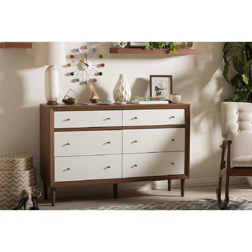 Baxton Studio Harlow Mid-century Modern Scandinavian Style White and Walnut Wood 6-drawer Storage Dresser