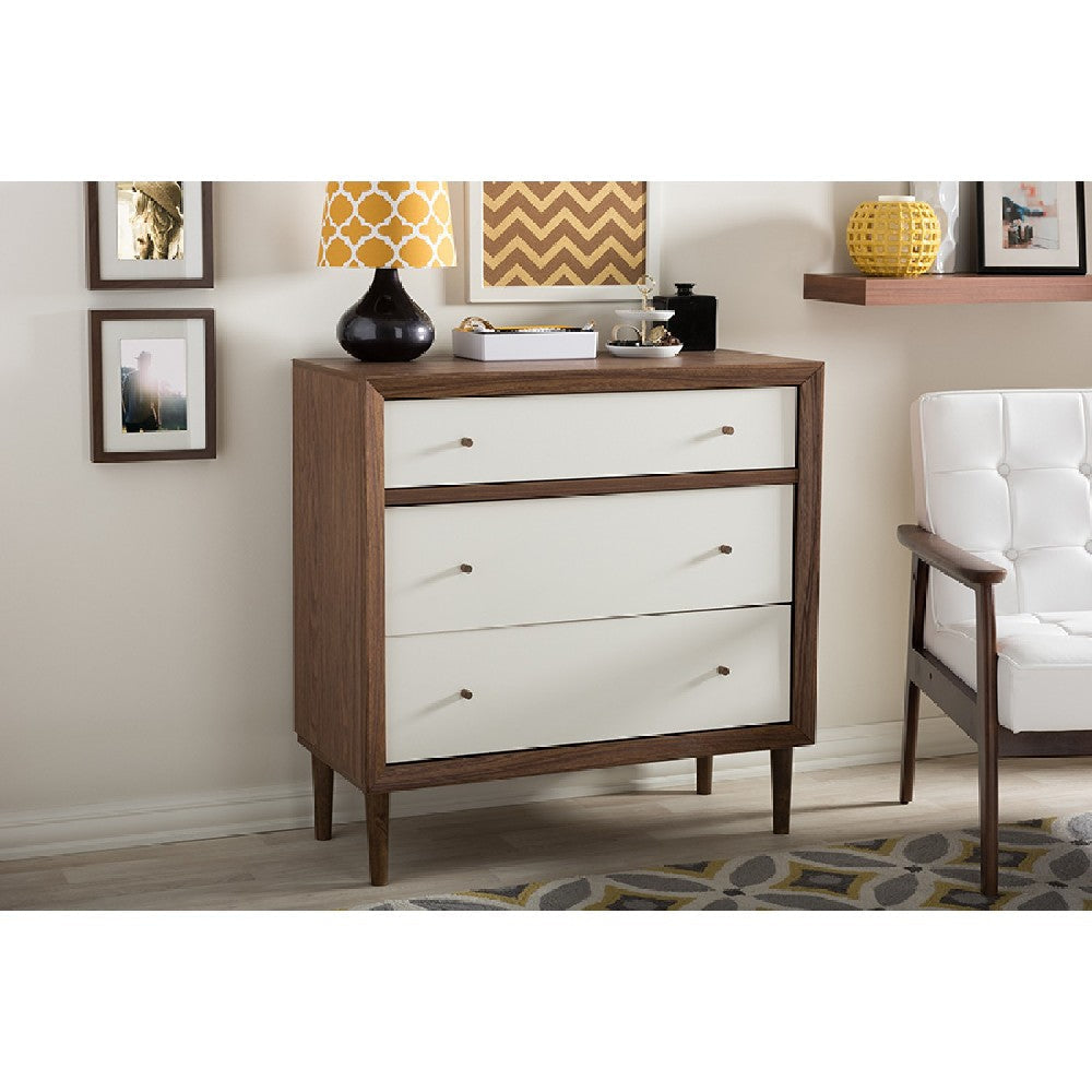 Baxton Studio Harlow Mid-century Modern Scandinavian Style White and Walnut Wood 3-drawer Chest