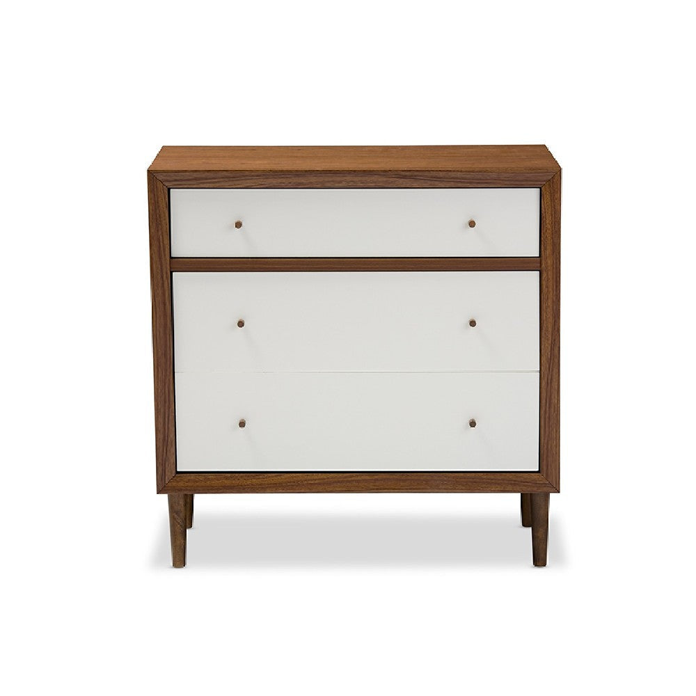 Baxton Studio Harlow Mid-century Modern Scandinavian Style White and Walnut Wood 3-drawer Chest WHI-FP-6782-Walnut-White