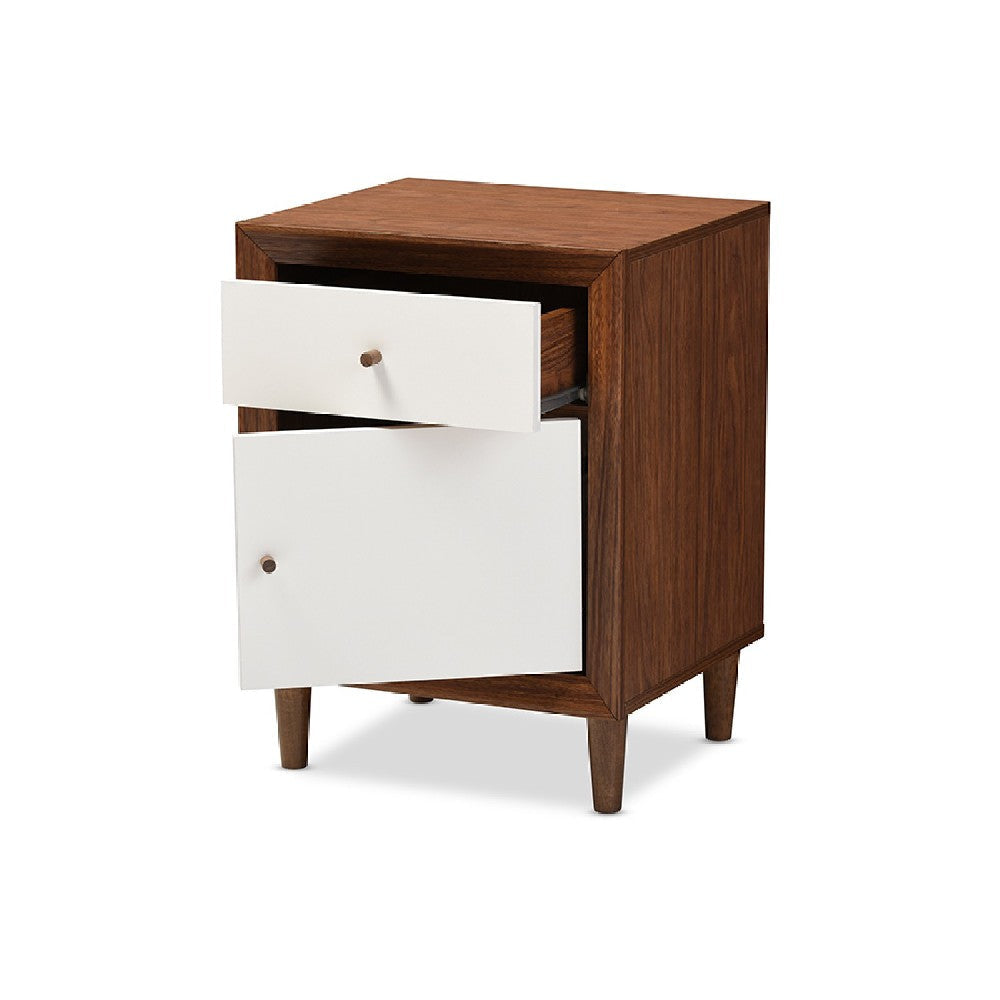 Baxton Studio Harlow Mid-century Modern Scandinavian Style White and Walnut Wood 1-drawer and 1-door Nightstand WHI-FP-6783-Walnut-White-NS