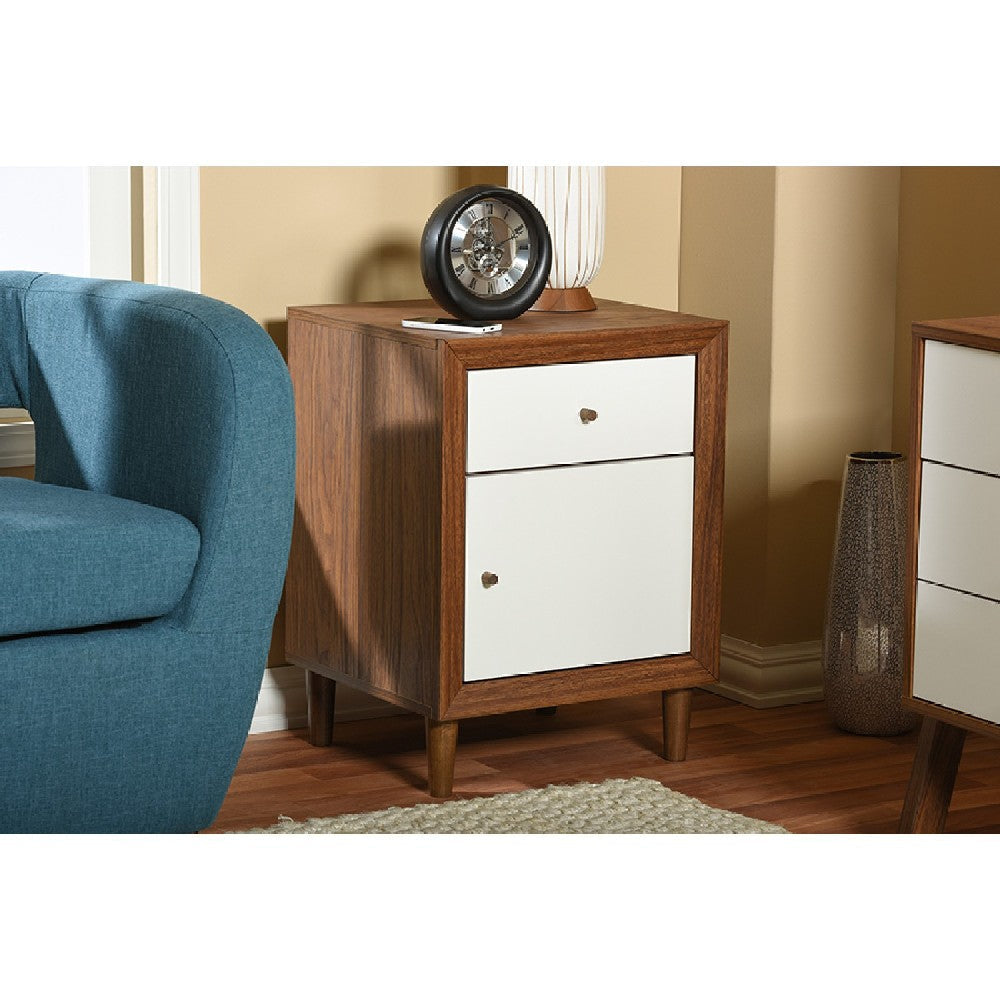 Baxton Studio Harlow Mid-century Modern Scandinavian Style White and Walnut Wood 1-drawer and 1-door Nightstand