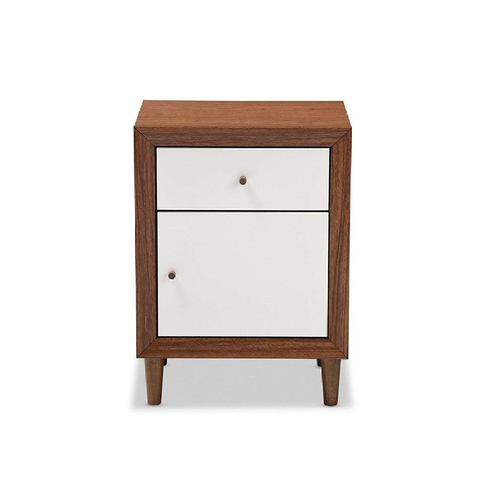 Baxton Studio Harlow Mid-century Modern Scandinavian Style White and Walnut Wood 1-drawer and 1-door Nightstand WHI-FP-6783-Walnut-White-NS