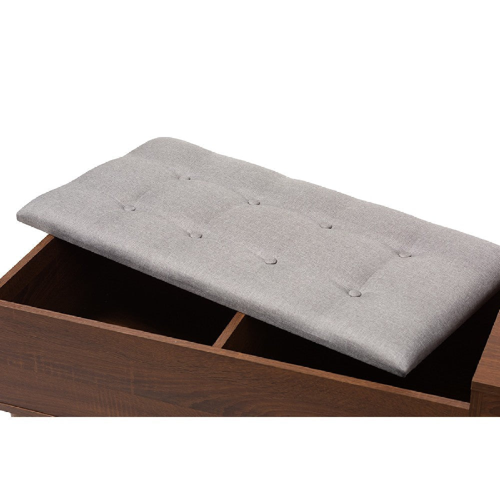 Baxton Studio Merrick Mid-century Retro Modern 1-drawer 2-tone Oak and Dark Brown Wood Entryway Storage Grey Fabric Cushioned Bench Shoe