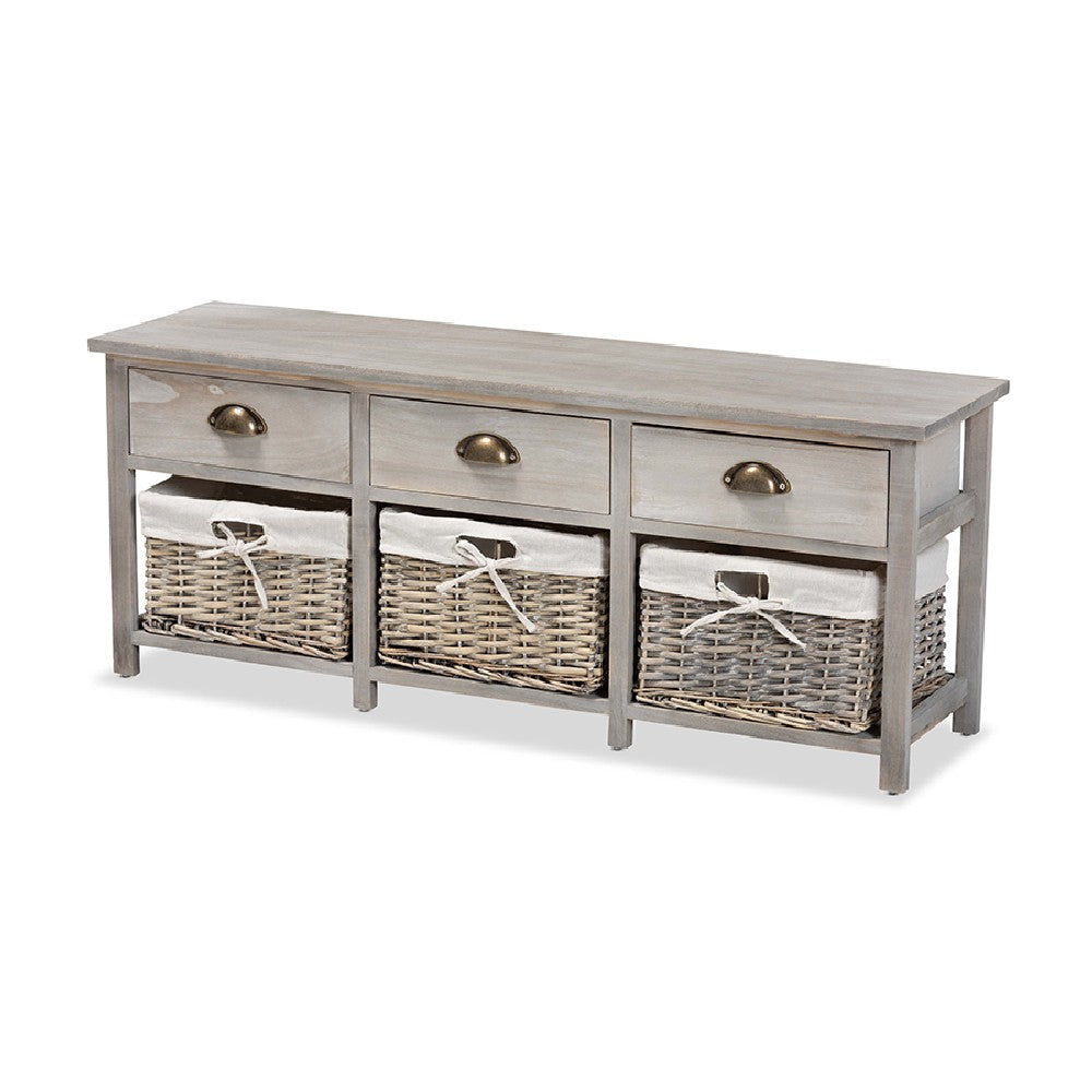 Baxton Studio Mabyn Modern and Contemporary Light Grey Finished Wood 3-Drawer Storage Bench with Baskets WHI-FZC200361-Light-Grey-Bench
