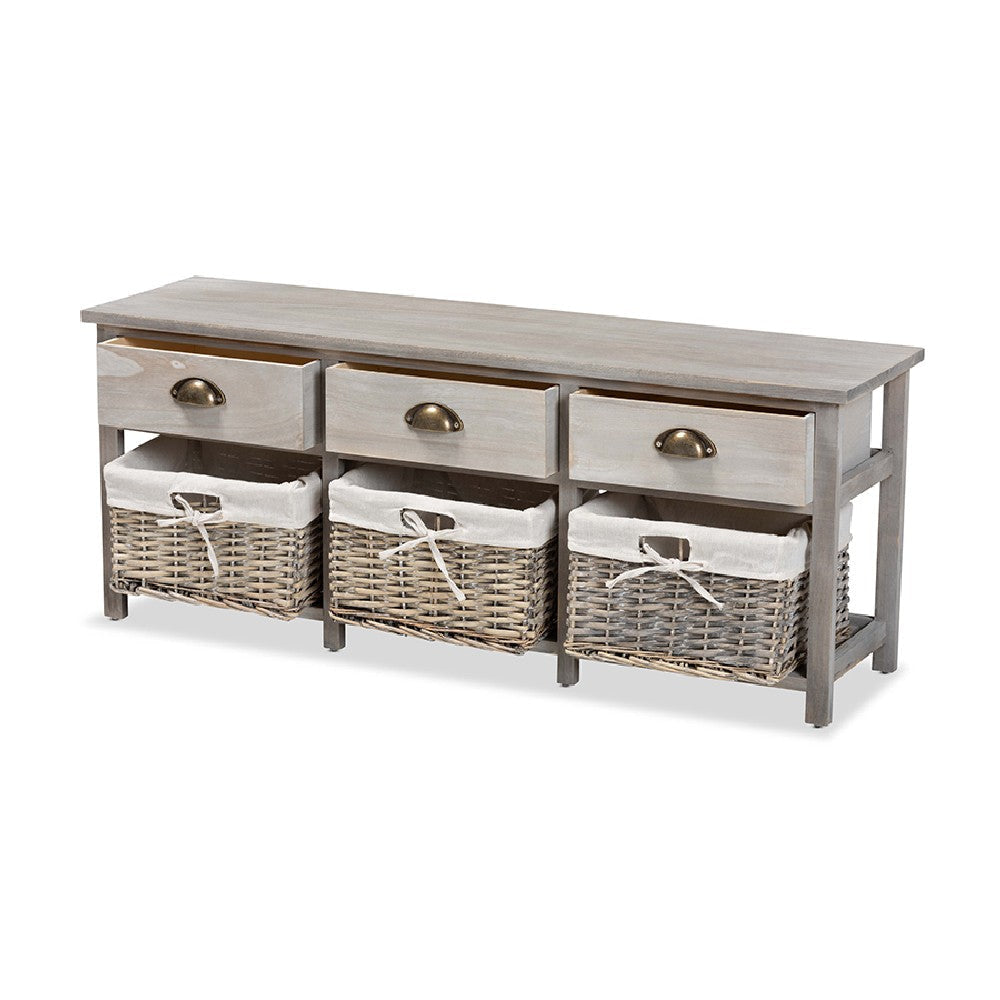 Baxton Studio Mabyn Modern and Contemporary Light Grey Finished Wood 3-Drawer Storage Bench with Baskets WHI-FZC200361-Light-Grey-Bench